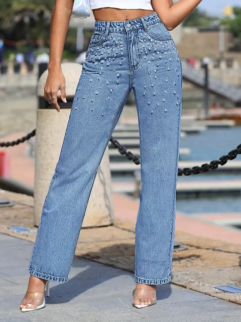 Jeans Rectos Con Decoración De Remaches Lisos