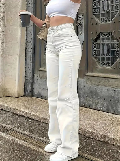 Pantalones De Mezclilla Blancos De Corte Holgado, Bolsillos