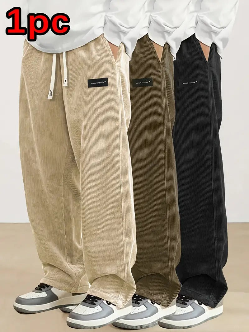Pantalones de chándal rectos de pana para hombre con cintura con cordón