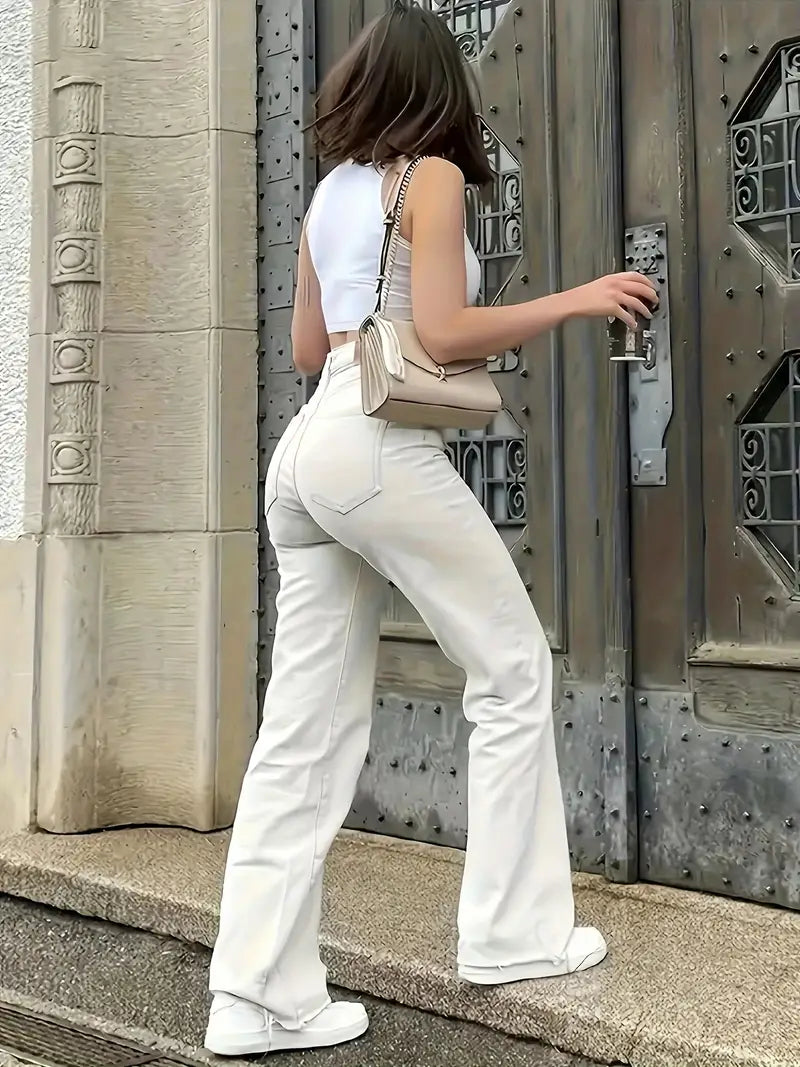 Pantalones De Mezclilla Blancos De Corte Holgado, Bolsillos